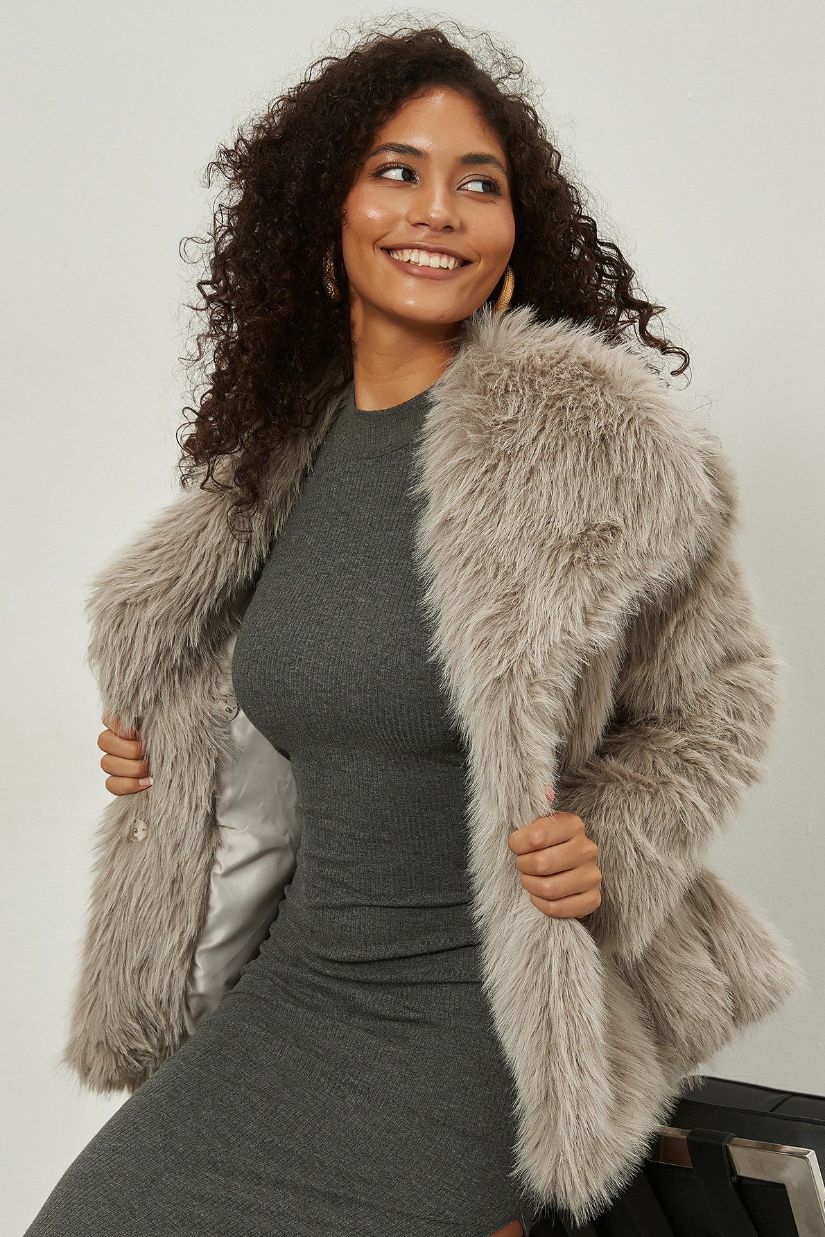 Faux Fur Notch Lapel Winter Coat - Image 5