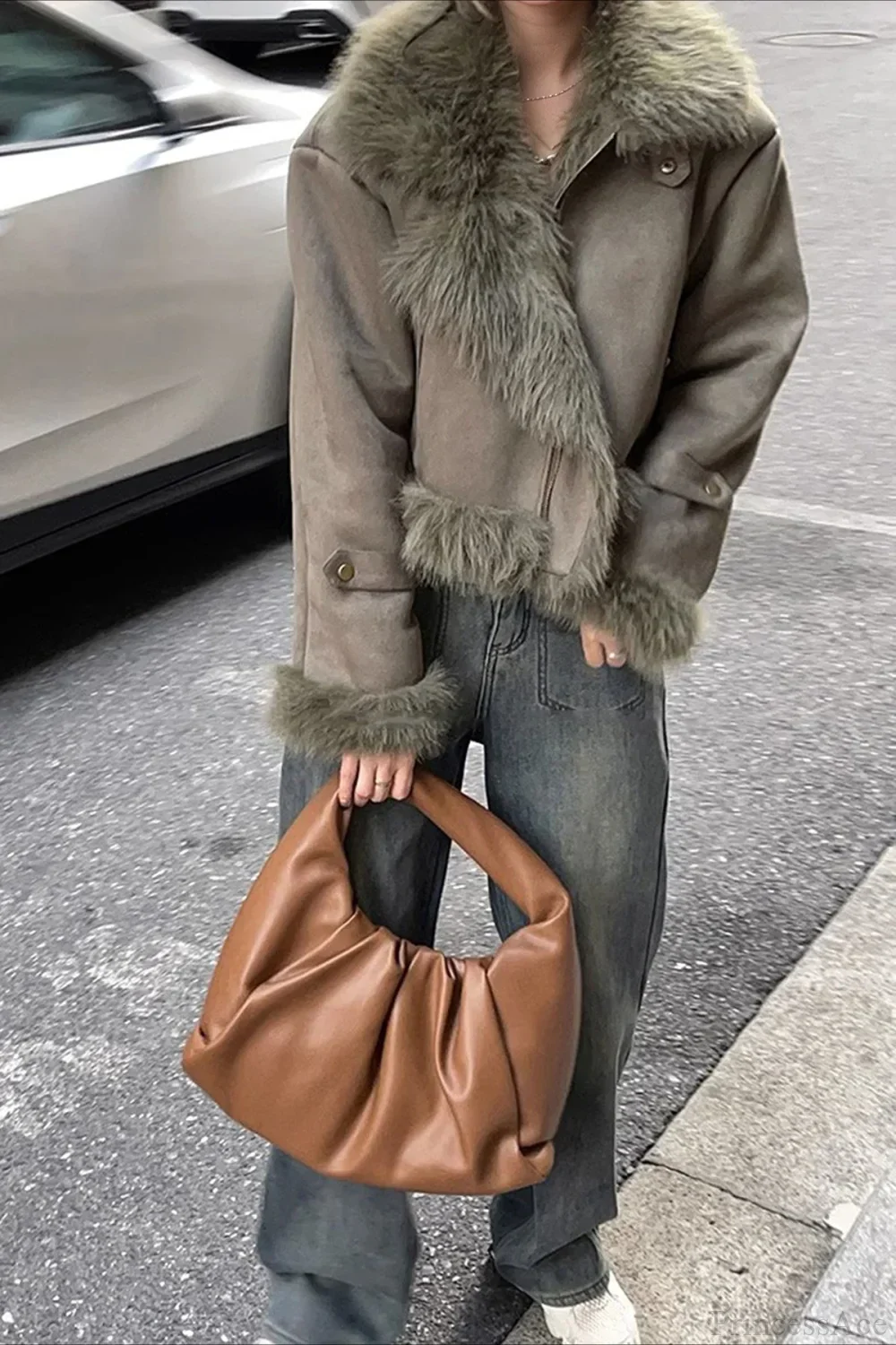 Faux Fur Suede Short Biker Jacket - Image 4