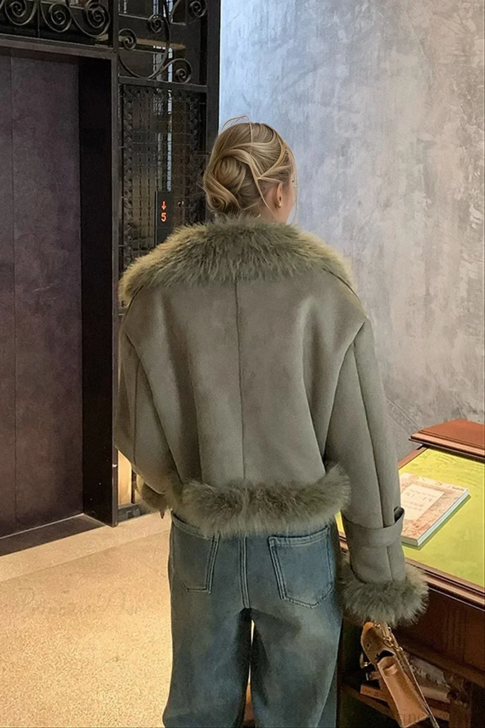 Faux Fur Suede Short Biker Jacket - Image 5