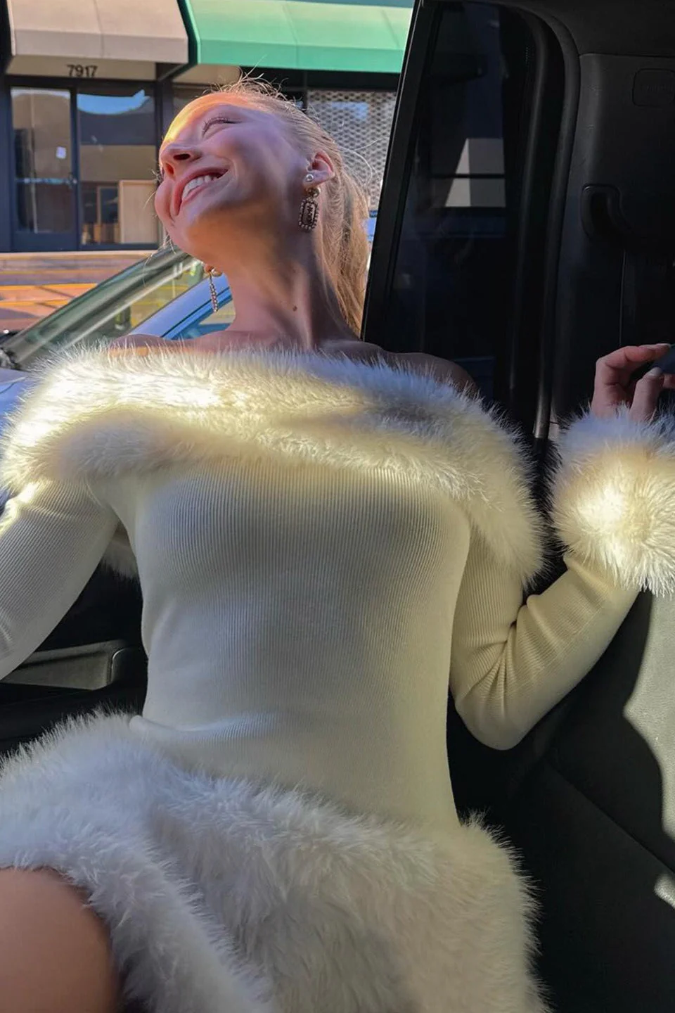 Faux Fur Trim Off-The-Shoulder Bodycon Mini Dress - Image 4