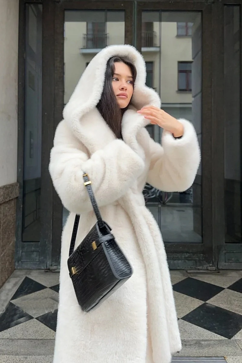 Faux Mink Fur Long Hooded Belted Plush Overcoat - Image 2