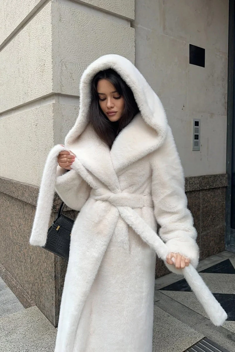 Faux Mink Fur Long Hooded Belted Plush Overcoat - Image 4