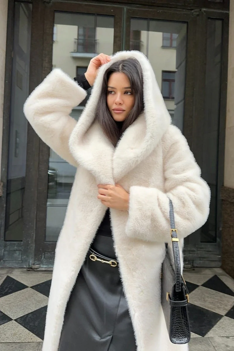 Faux Mink Fur Long Hooded Belted Plush Overcoat - Image 5