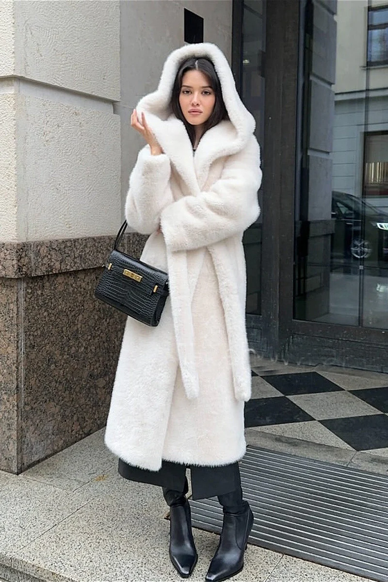Faux Mink Fur Long Hooded Belted Plush Overcoat - Image 6