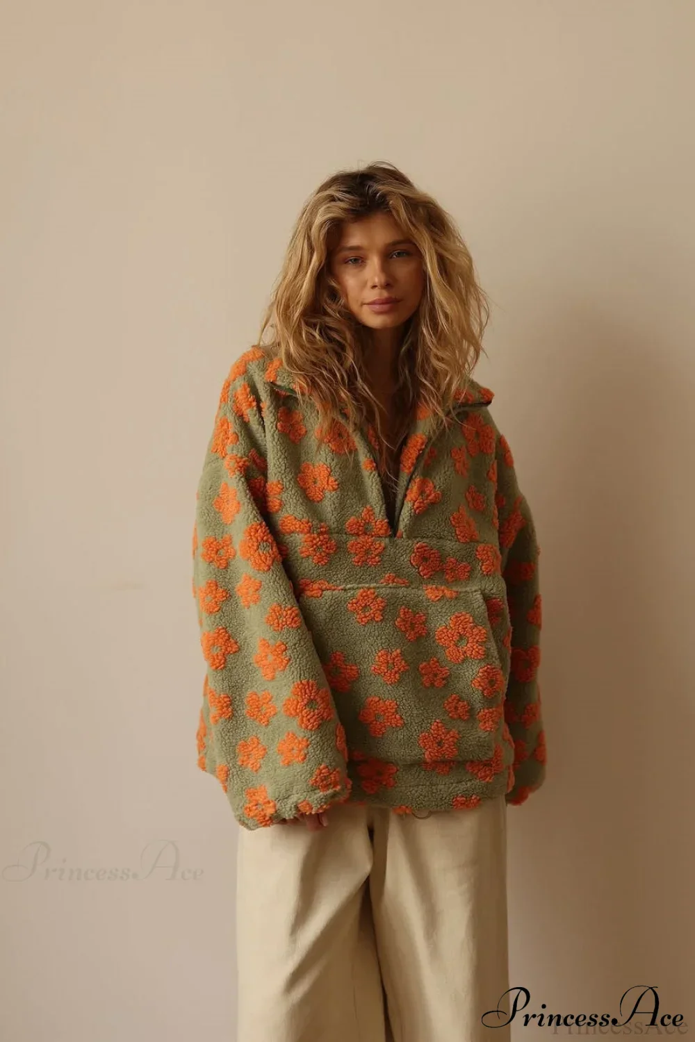 Faux Sherpa Printed Loose Zip Sweatshirt - Image 4
