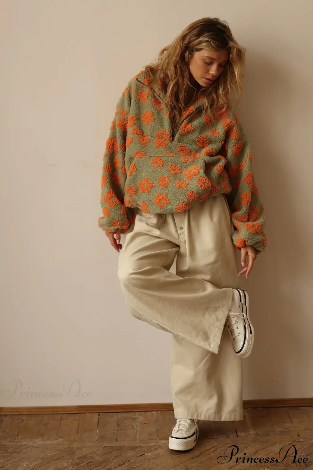 Faux Sherpa Printed Loose Zip Sweatshirt - Image 5