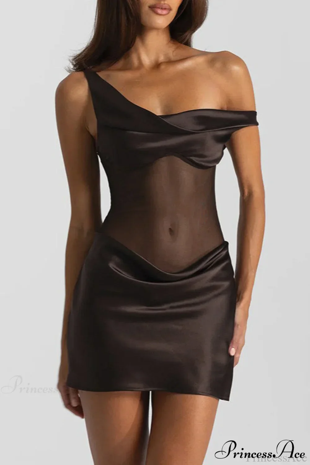 Faux Silk One-Shoulder Tulle Paneled Party Dress - Image 5