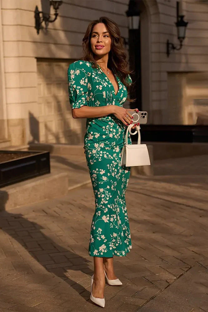 Fitted Floral Puff Sleeve Floral Dress - Image 3