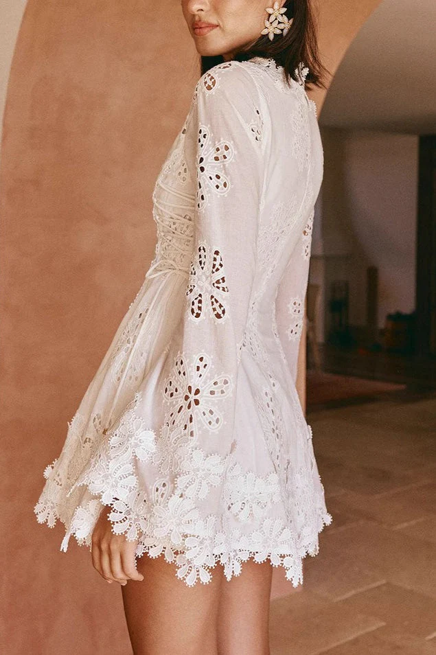 Fitted Lace Trim Tie Long Sleeve Mini Dress - Image 2