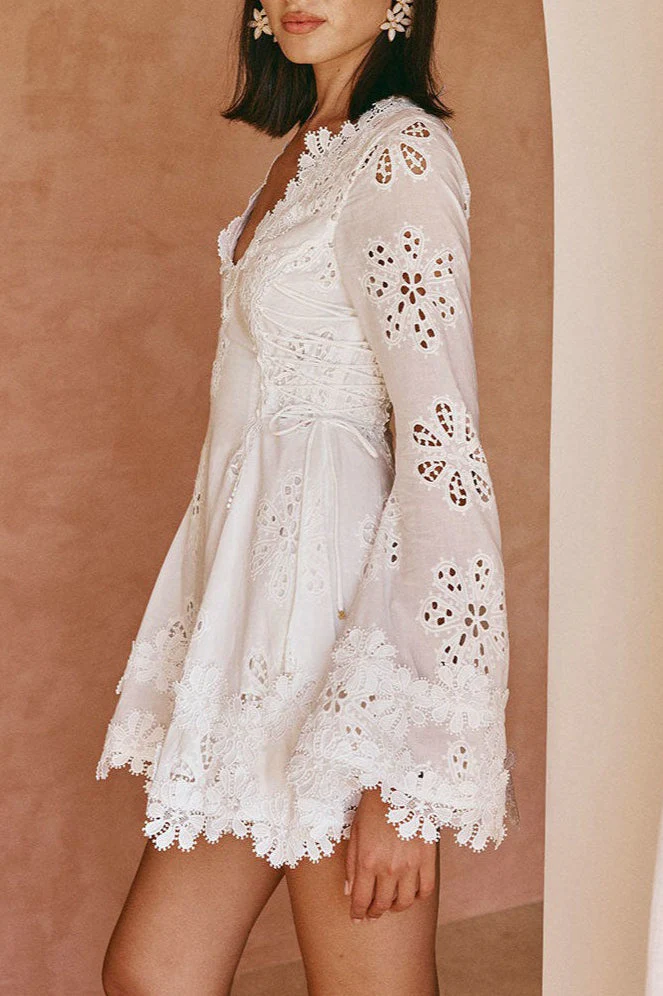 Fitted Lace Trim Tie Long Sleeve Mini Dress - Image 3