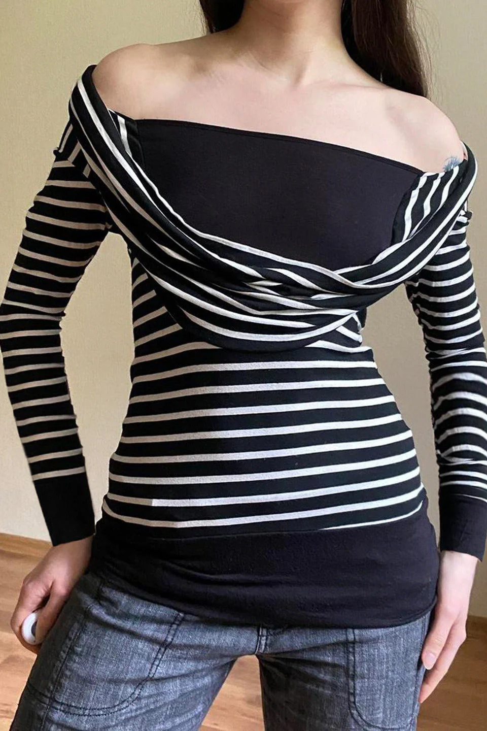 Fitted Striped Off Shoulder Long Sleeve Blouse - Image 2