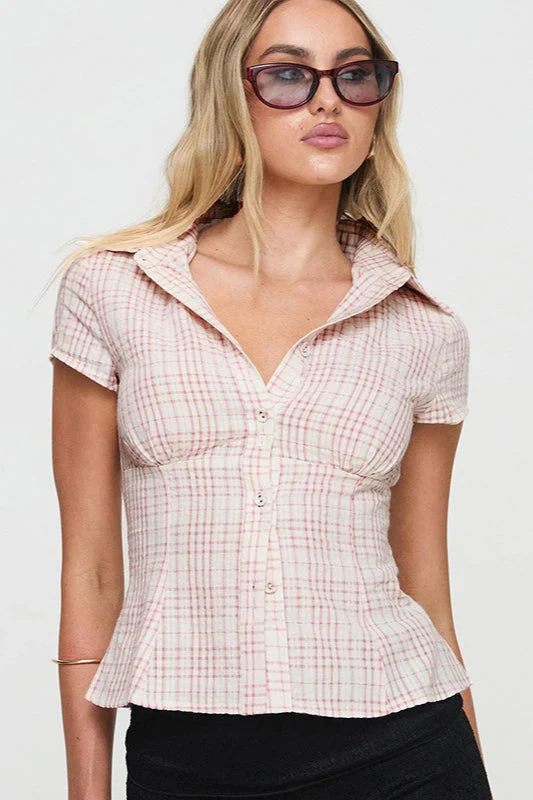 Fitted Waist Plaid V Neck Button Front Short Blouse - Image 2