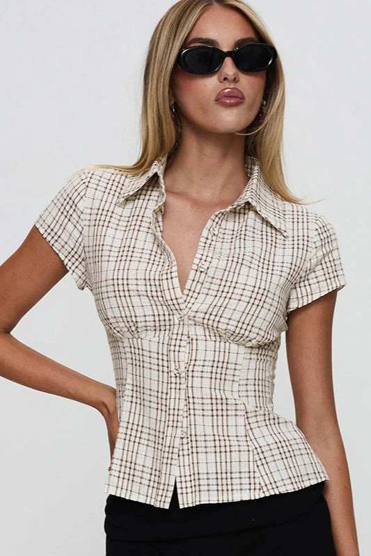 Fitted Waist Plaid V Neck Button Front Short Blouse - Image 3