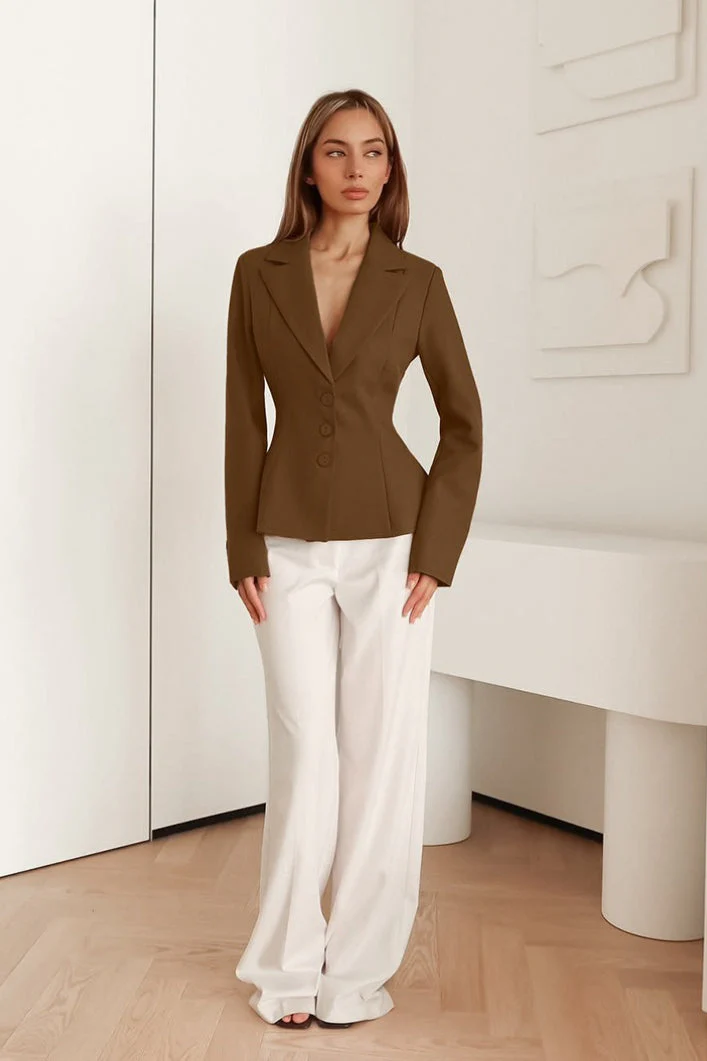Fitted Waist V-Neck Padded Shoulder Long Sleeve Blazer - Image 8