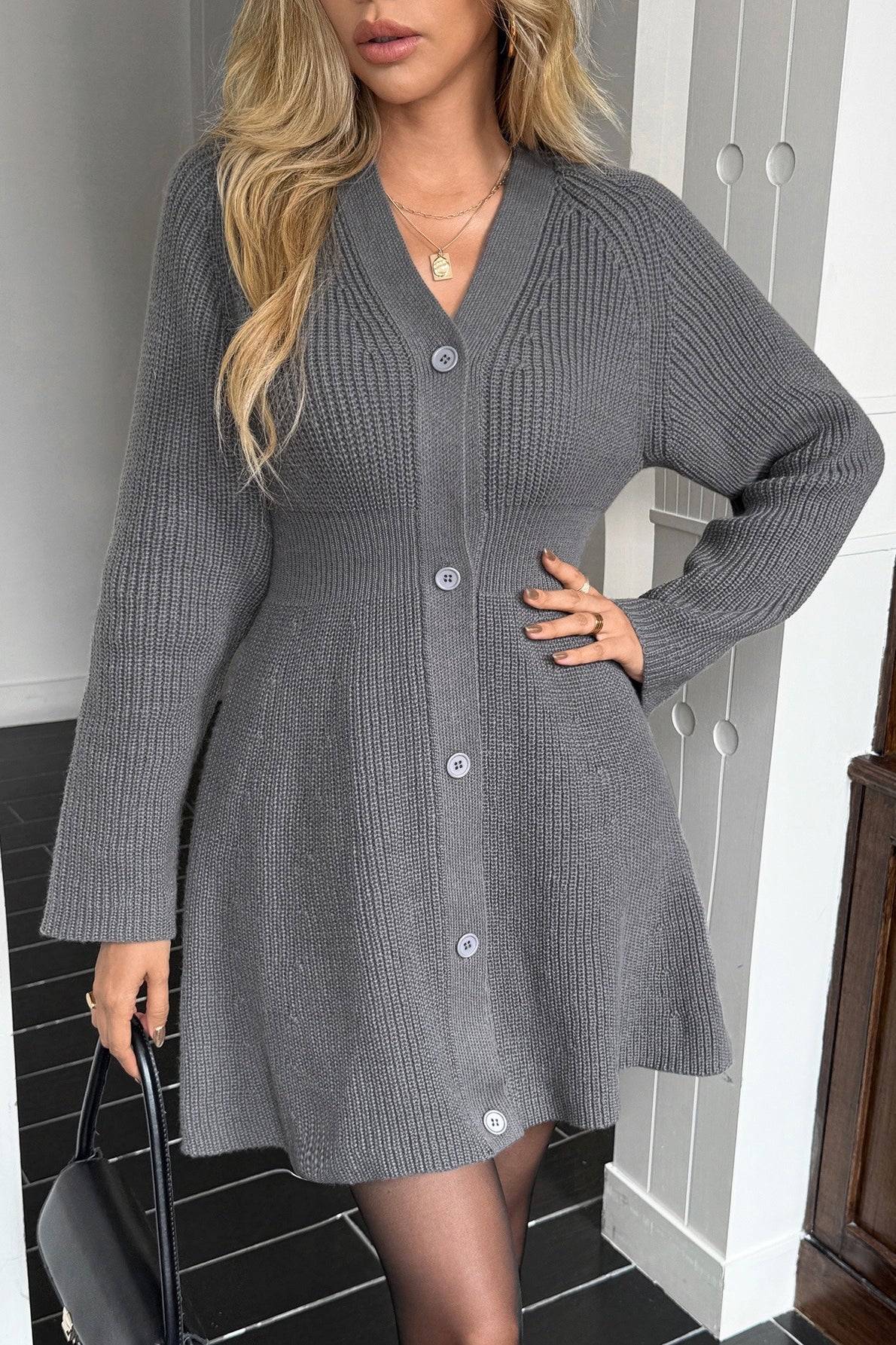 A-Line Long Sleeve Sweater Dress - Image 7