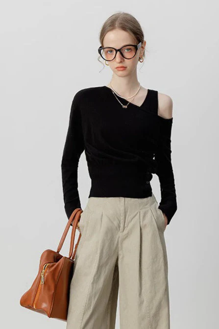 Asymmetric Neckline Elegant Knit Top - Image 2