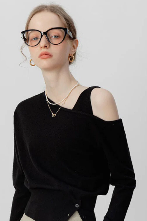 Asymmetric Neckline Elegant Knit Top - Image 3