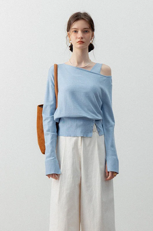 Asymmetric Neckline Elegant Knit Top - Image 9