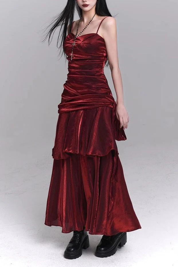 Asymmetrical Burgundy Ruffled Cami Party Dress - Image 2