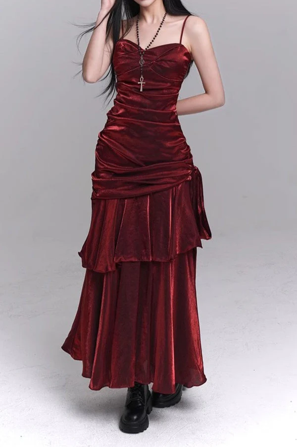 Asymmetrical Burgundy Ruffled Cami Party Dress - Image 3