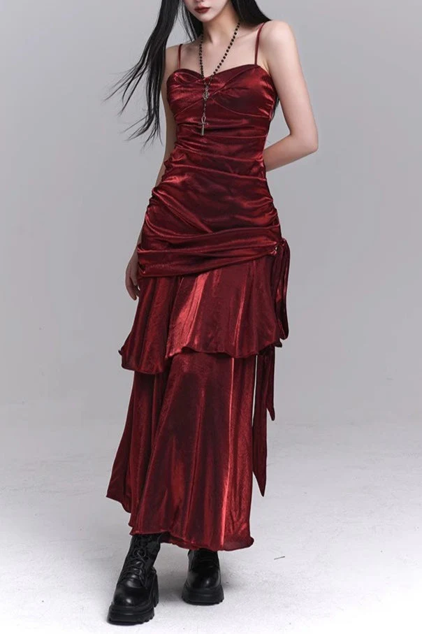 Asymmetrical Burgundy Ruffled Cami Party Dress - Image 4