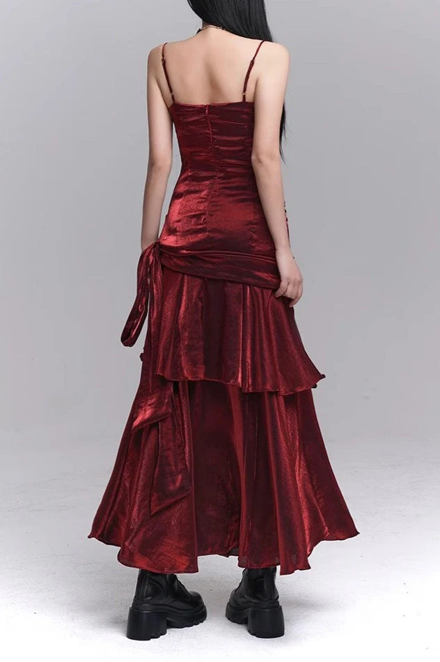 Asymmetrical Burgundy Ruffled Cami Party Dress - Image 5