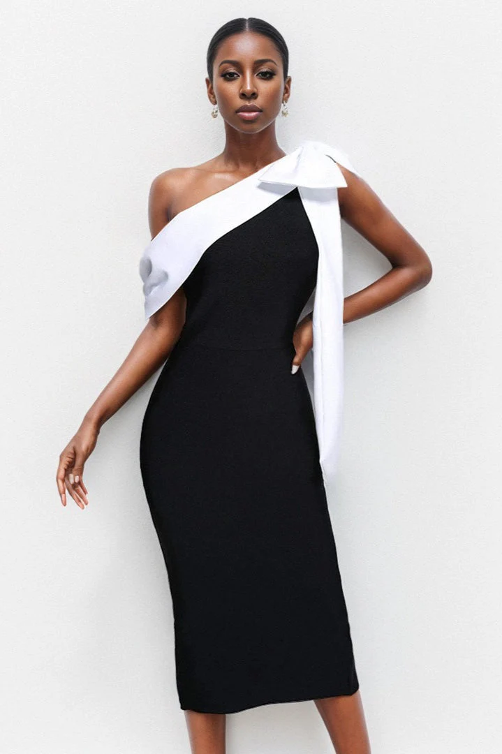 Bandage One-shoulder Color Block Bow Cocktail Dress - Image 6