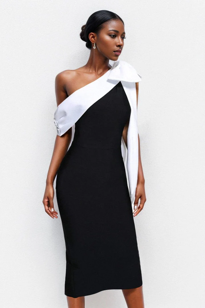 Bandage One-shoulder Color Block Bow Cocktail Dress - Image 7