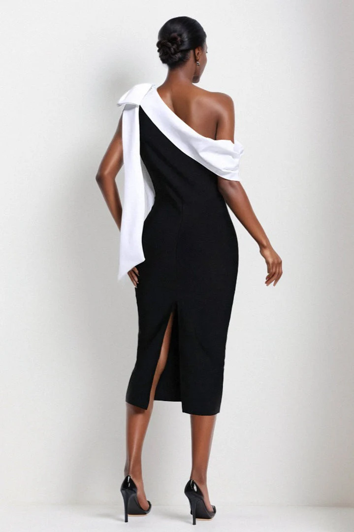 Bandage One-shoulder Color Block Bow Cocktail Dress - Image 9