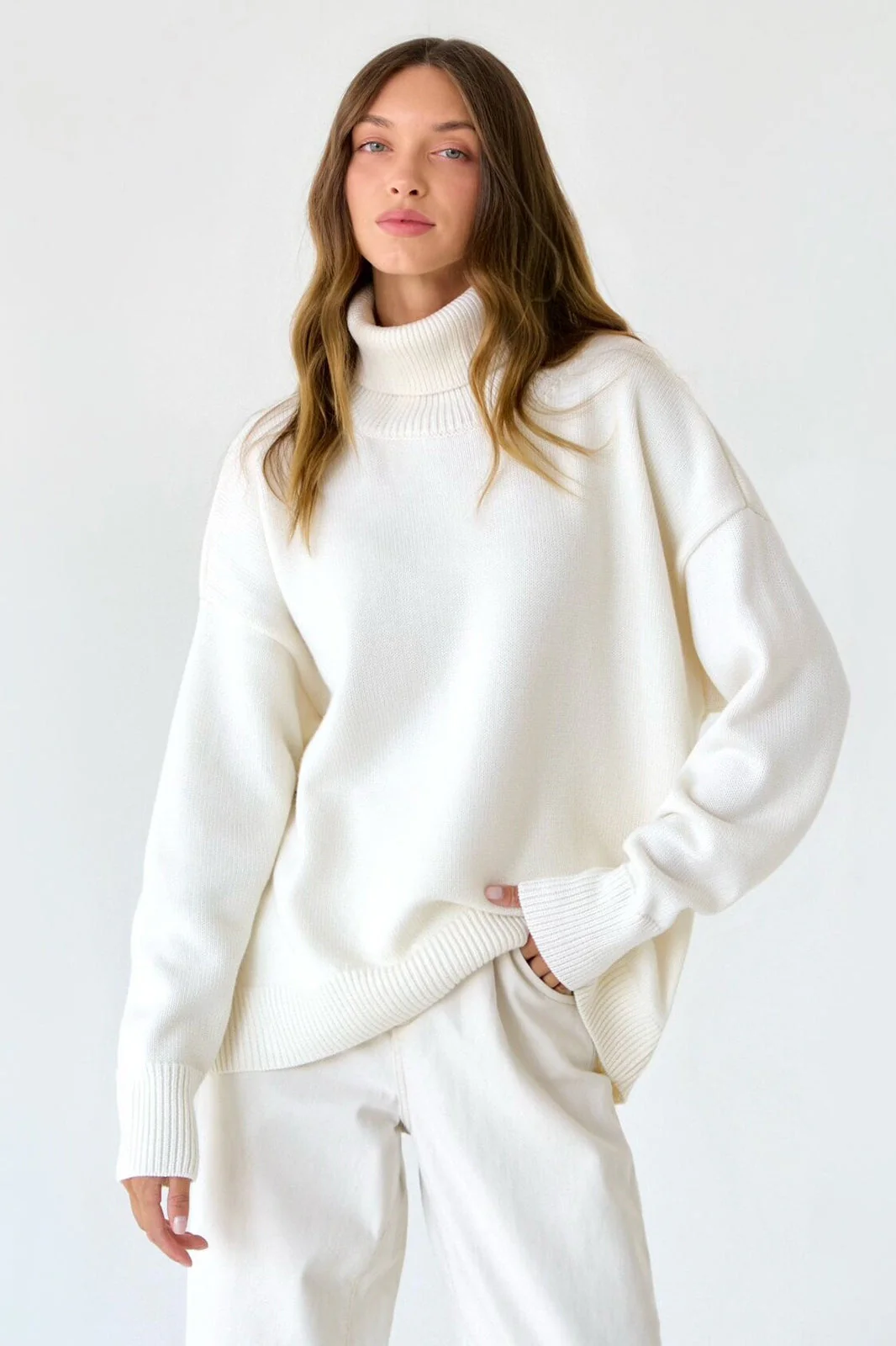 Basic Solid Knit Turtleneck Sweater - Image 2