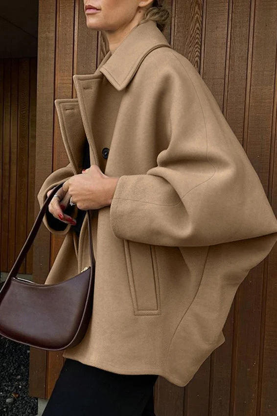 Batwing Sleeve Wool Blend Coat - Image 11