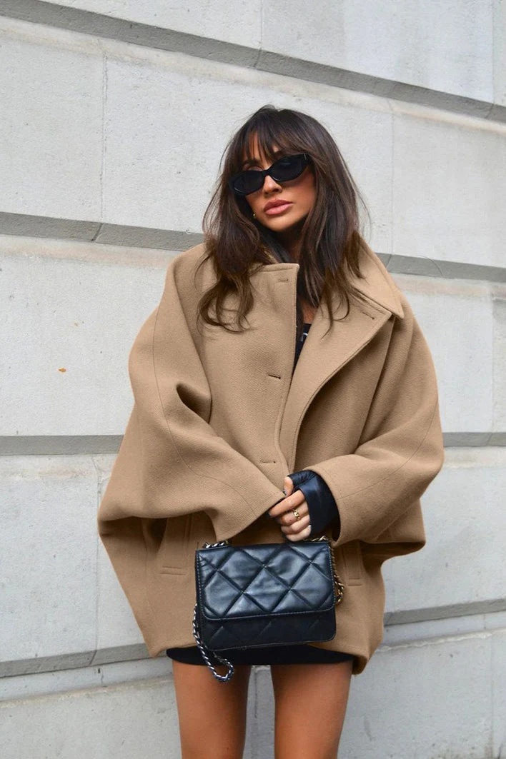 Batwing Sleeve Wool Blend Coat - Image 2