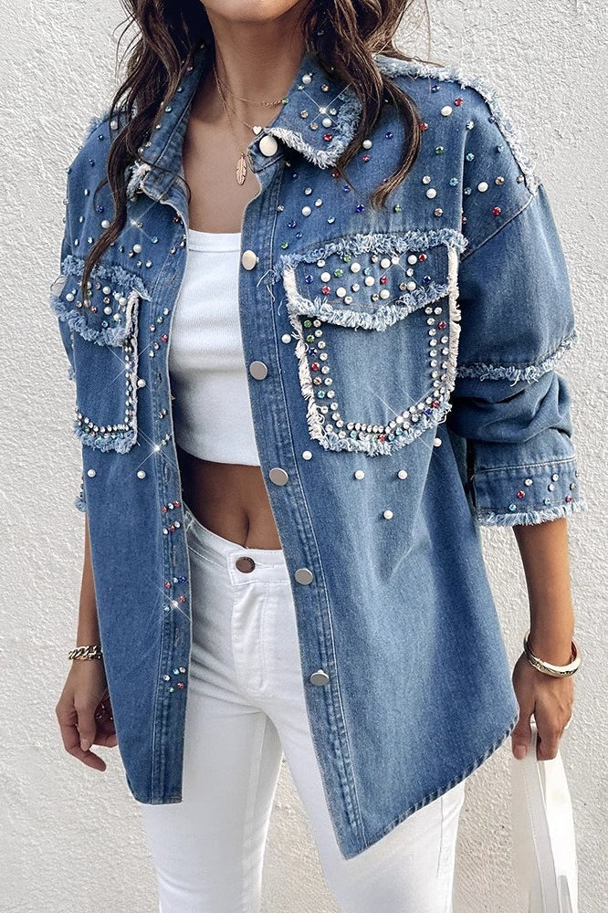 Beaded Contrast Denim Long Sleeve Coat - Image 2