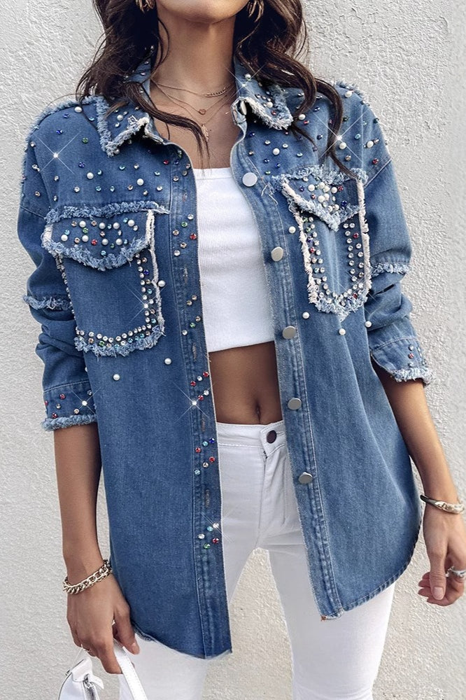 Beaded Contrast Denim Long Sleeve Coat - Image 3