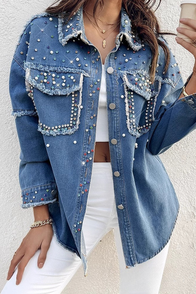 Beaded Contrast Denim Long Sleeve Coat - Image 4