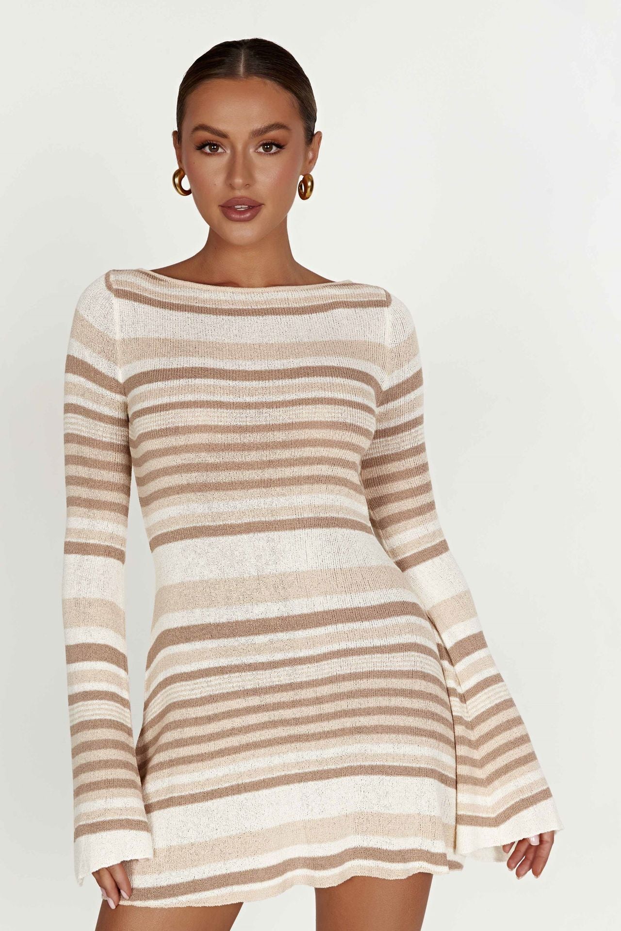 Bell Sleeve Color Block Stripe Knit Sweater Dress - Image 4