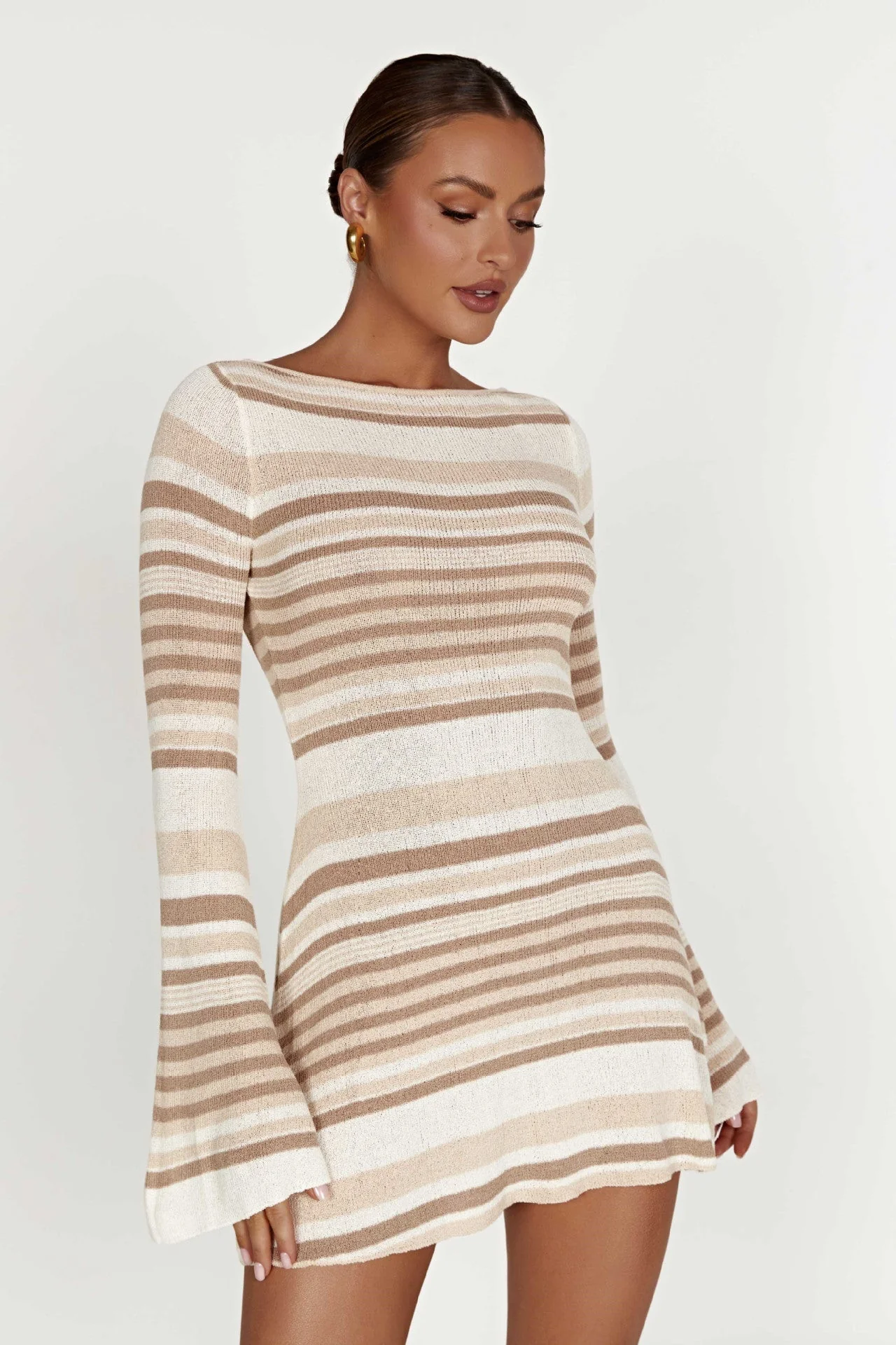 Bell Sleeve Color Block Stripe Knit Sweater Dress - Image 5