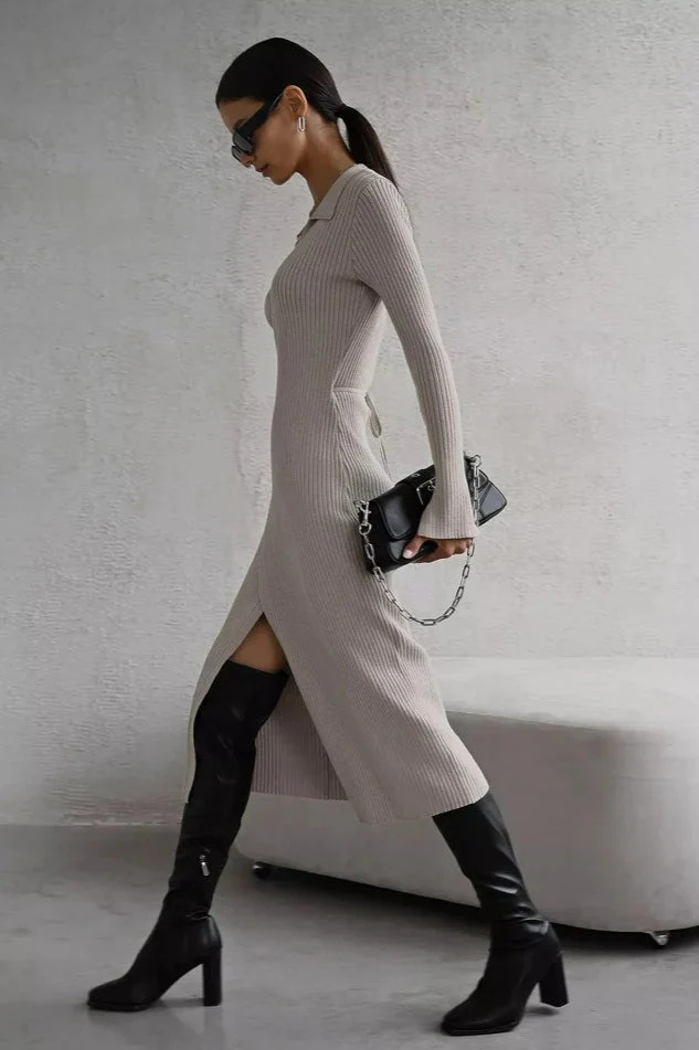 Belted Long Sleeve Solid Knit Sweater Dress - Image 10