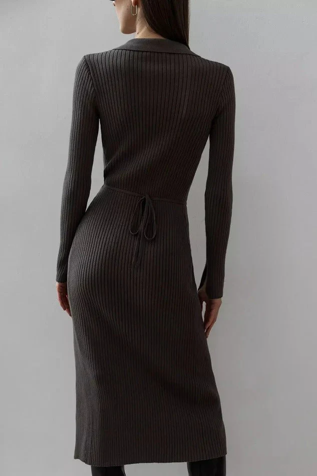 Belted Long Sleeve Solid Knit Sweater Dress - Image 3