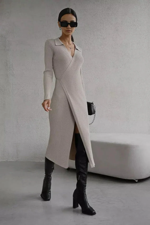 Belted Long Sleeve Solid Knit Sweater Dress - Image 8