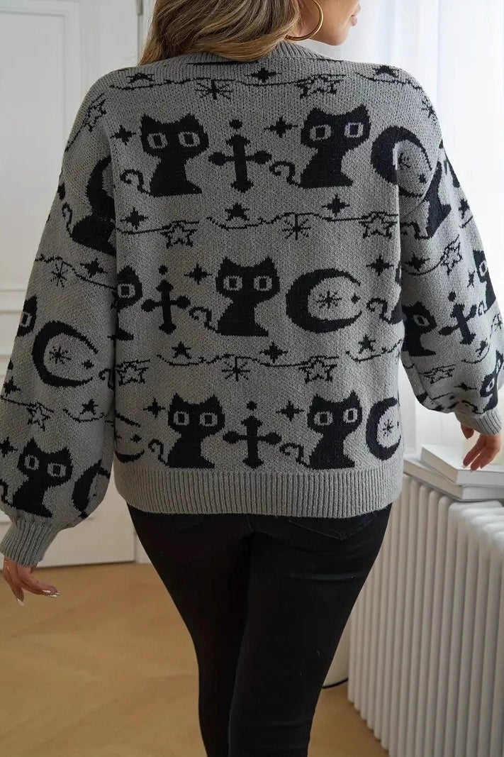 Black Cat Moon Jacquard Knit Sweater - Image 2