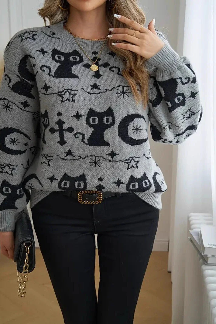 Black Cat Moon Jacquard Knit Sweater - Image 4