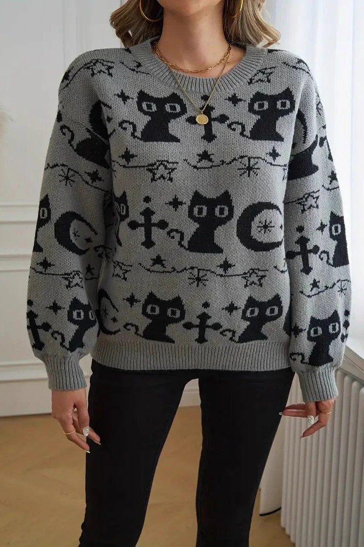 Black Cat Moon Jacquard Knit Sweater - Image 5