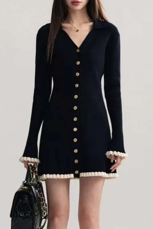 Black Contrast V-Neck Sweater Dress - Image 2