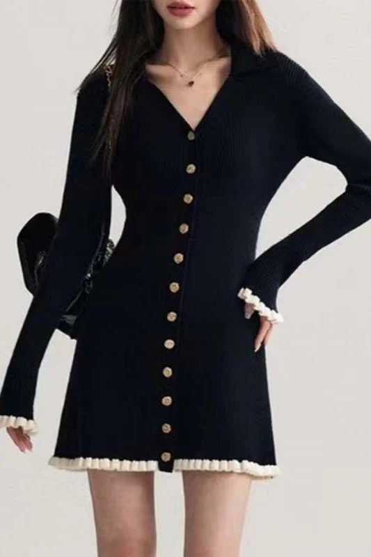 Black Contrast V-Neck Sweater Dress - Image 3