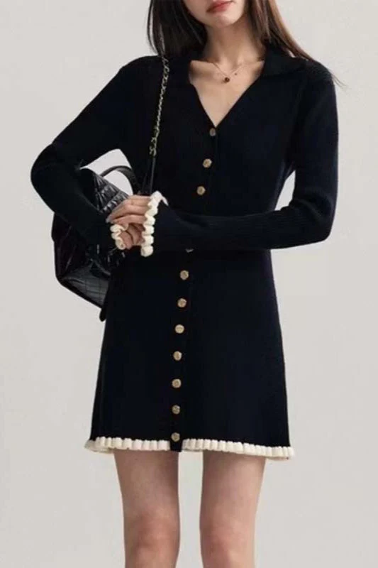 Black Contrast V-Neck Sweater Dress - Image 4