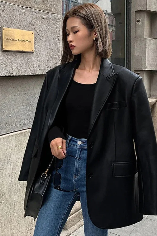 Black PU Leather Blazer Jacket - Image 10