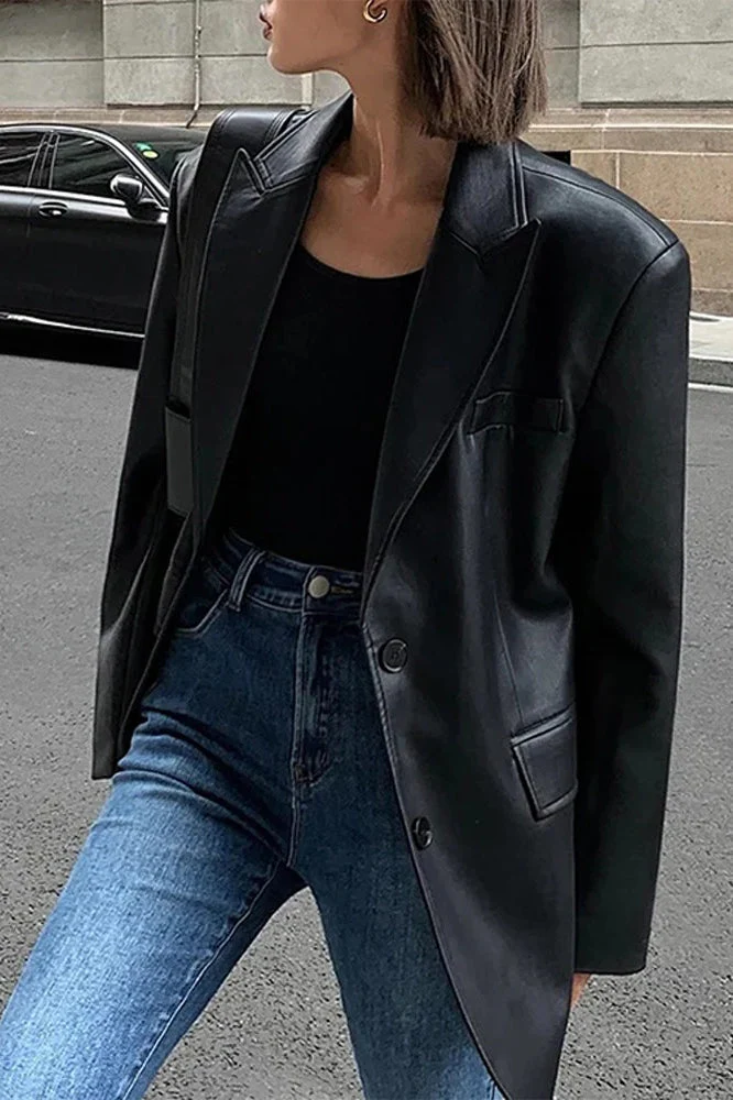 Black PU Leather Blazer Jacket - Image 11