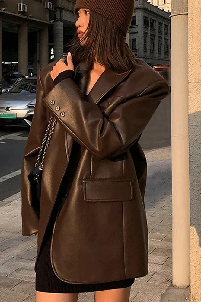 Black PU Leather Blazer Jacket - Image 2