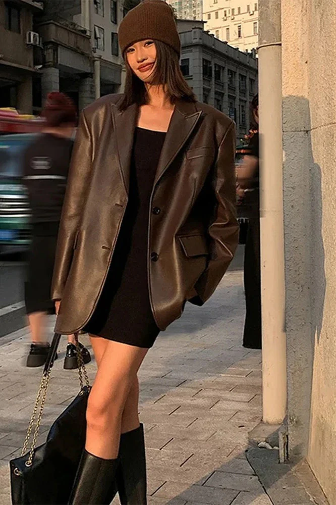 Black PU Leather Blazer Jacket - Image 3